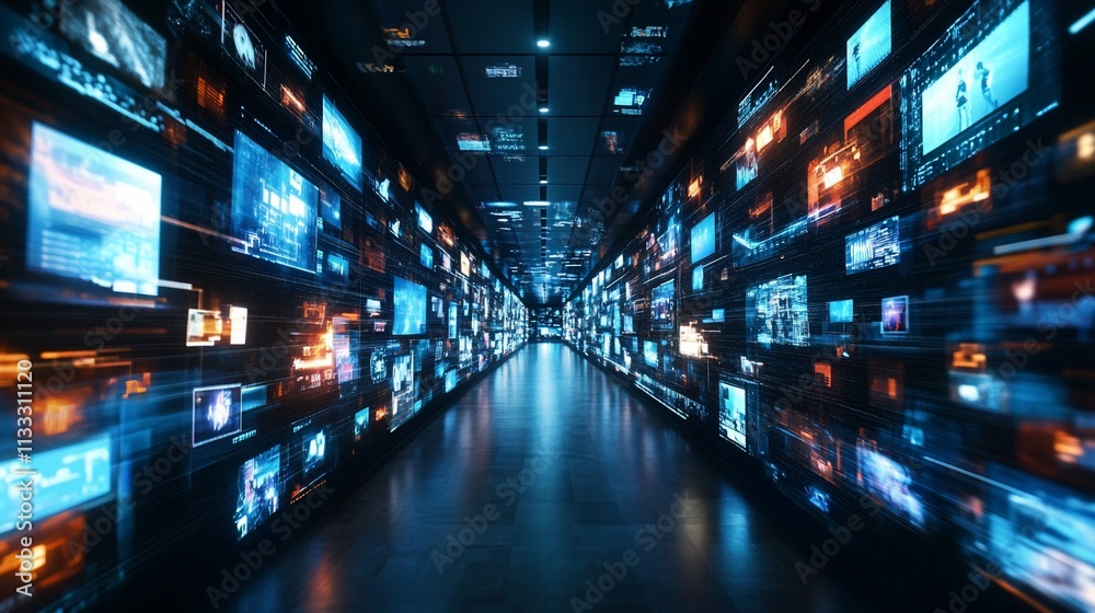 Poster A futuristic corridor lined with glowing screens displaying dynamic media content.