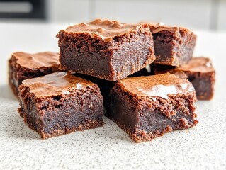 A stack of brownies sitting on top of a white table