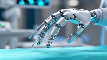 Advanced Robotic Hand Reaching Out Over Surgical Table in Modern Operating Room with Blurred Background Focused on Precision and Technology Integration