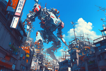 Fototapeta premium A giant robot looms over a futuristic cityscape filled with buildings and antennas.