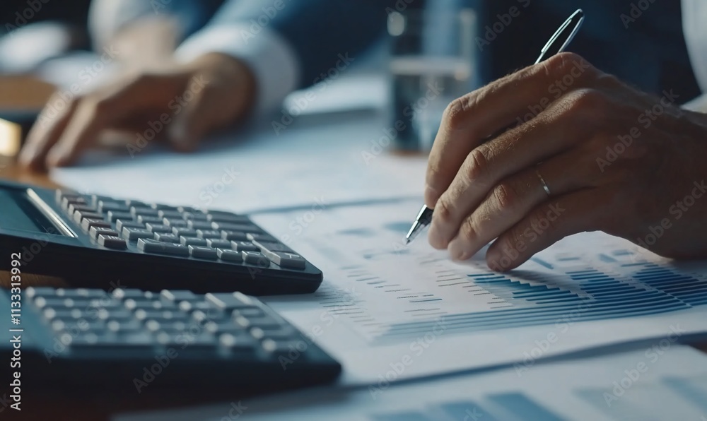 Poster a hand using a pen on financial graphs with a calculator nearby, indicating analysis.