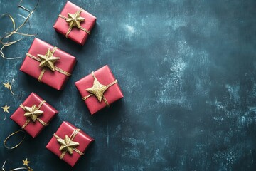Fototapeta premium A blue background with a row of red boxes with gold stars on top