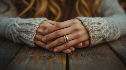 A close-up of hands resting on a wooden surface, showcasing a ring and cozy sweater.