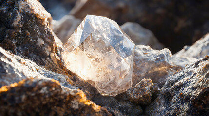 Fototapeta premium A large diamond found in a mine for diamond extraction, a diamond embedded in rock, a beautiful diamond used in various industries.