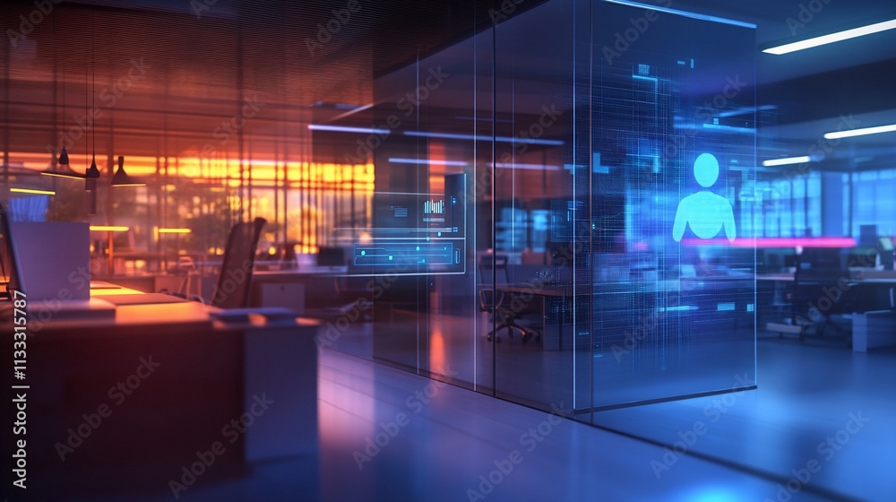 Poster a modern office space with digital interfaces and ambient lighting.