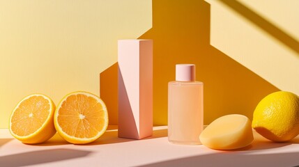 Naklejka premium Minimalist citrus-themed skincare products on yellow background