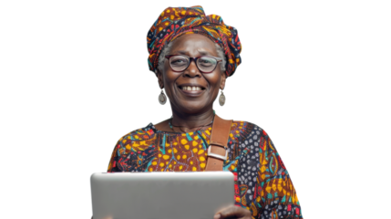 Portrait of african senior happy woman holding laptop on white background
