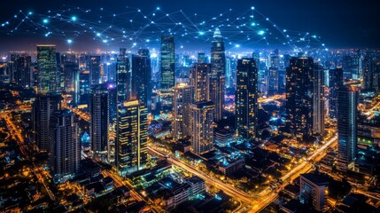 Obraz premium Urban Nightscape City Skyline Digital Connectivity Vibrant Environment Aerial View Future Technology Insights