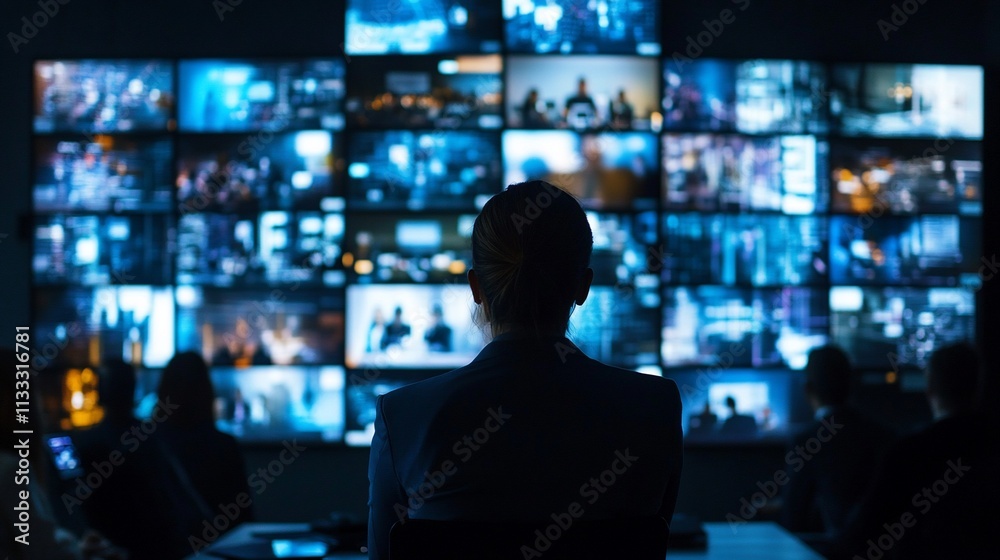 Fototapete A person observing multiple screens displaying various data and activities in a control room.