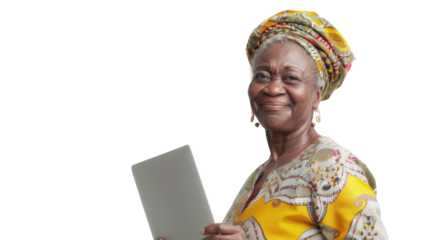 Portrait of african senior happy woman holding laptop on white background
