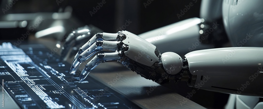 Aufkleber a robotic hand interacts with a digital interface, showcasing advanced technology and design.