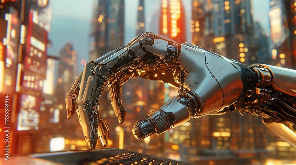 Poster a robotic hand interacts with a futuristic keyboard in a vibrant cityscape.