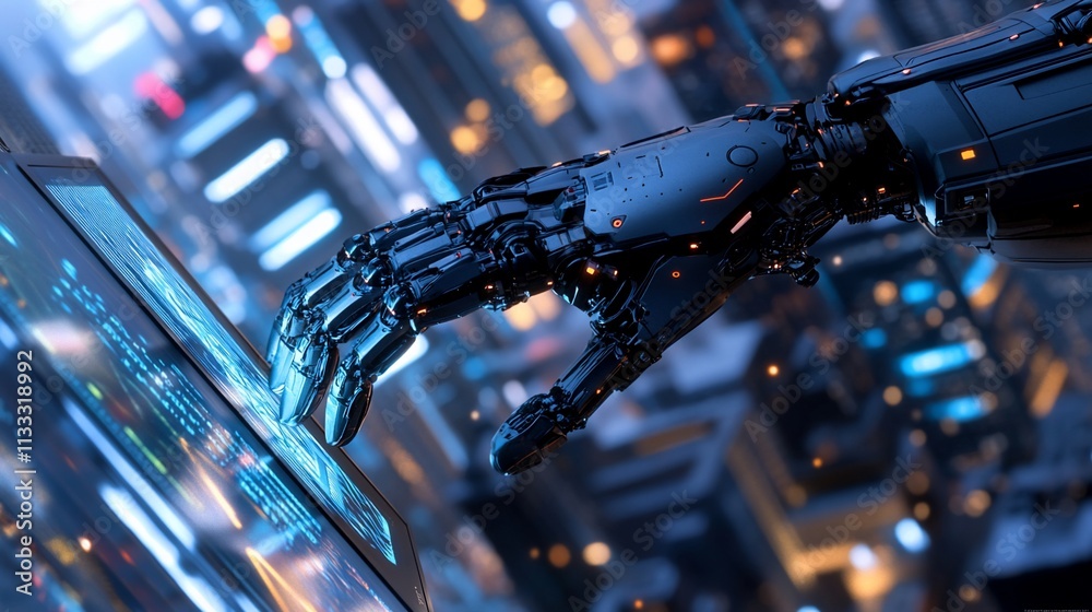Poster A robotic hand interacts with a digital interface in a futuristic cityscape.