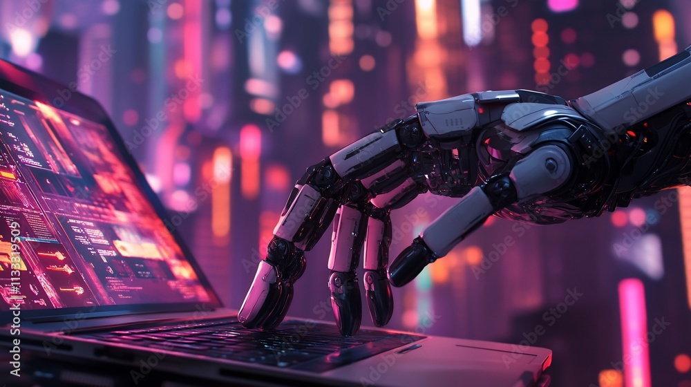 Poster a robotic hand interacts with a laptop, symbolizing advanced technology and digital interaction.