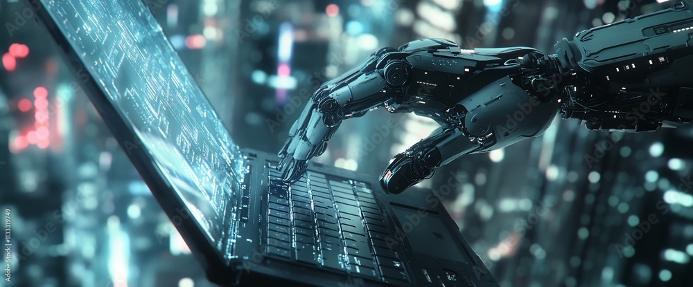 Aufkleber a robotic hand interacts with a laptop, symbolizing advanced technology and ai.