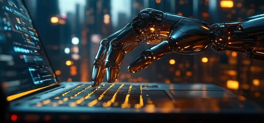 A robotic hand poised over a laptop keyboard in a futuristic cityscape.