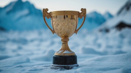 Golden trophy sits on snowy landscape against a backdrop of mountains.