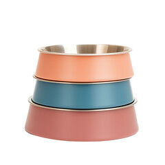 Colorful stacked pet food bowls for animals. PNG