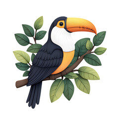 Colorful toucan perched on leafy branch. PNG