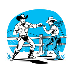A vintage illustration of fighting cowboy