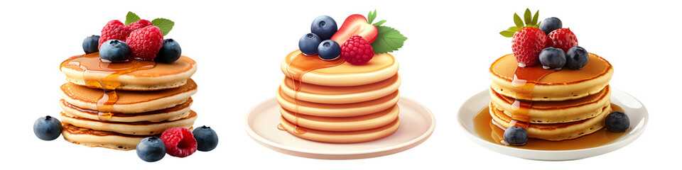 Delicious pancakes topped with fresh berries. PNG