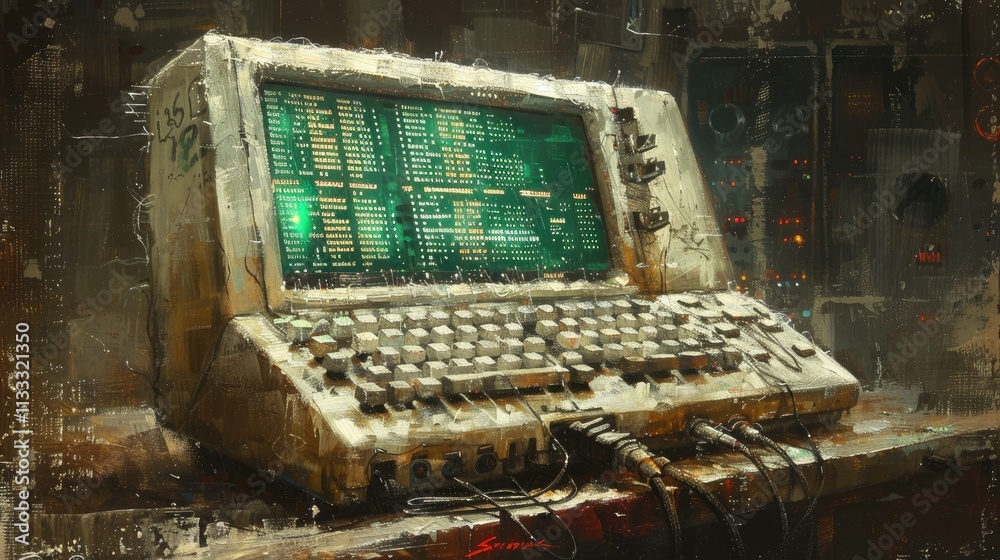 Poster an old computer terminal with a green screen displaying data, set in a retro environment.