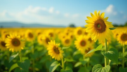 Beautiful sunflower flower blooming in sunflowers field with white cloudy and blue sky. Popular tourist attractions of Lopburi province. flower field on winter season
