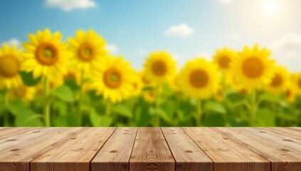 The empty wooden table top with blur background of sunflower field. Exuberant image. High quality photo
