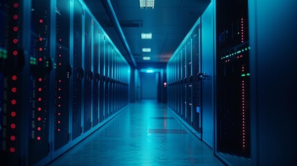 Fototapeta premium Illuminated Server Room Corridor: Rows of Data Storage Units in a Modern Data Center