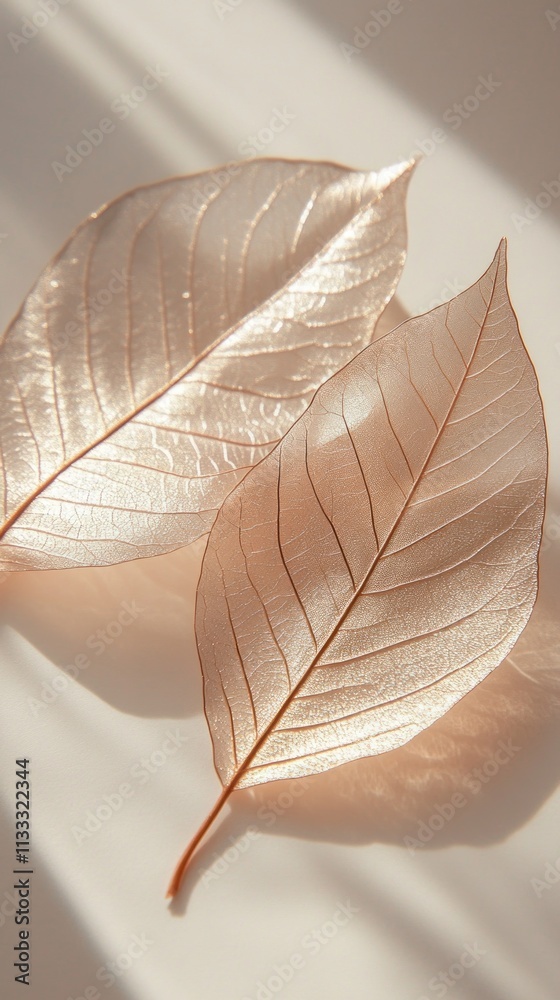 Aufkleber two finely detailed leaves gently rest on a tranquil surface, illuminated by soft sunlight, offering