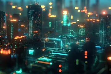 Obraz premium Neon-lit cityscape, circuit board city, futuristic architecture.