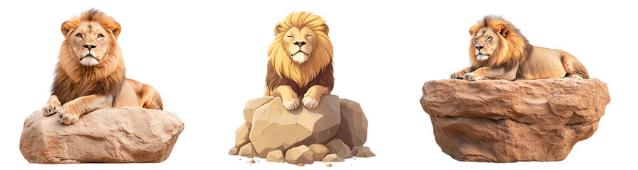 Obraz premium Three majestic lions resting on rocks. PNG