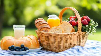 Picnic basket with bread and fruit on a checkered cloth in a garden setting.