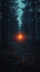 Obraz premium A serene forest scene at dusk with a glowing sunset peeking through the trees.