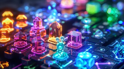 Obraz premium Glowing multicolored neon electronic circuitry and microchip patterns in a kaleidoscopic abstract art design Futuristic vibrant digital technology background with luminous