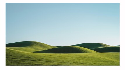 Obraz premium Panoramic view of an expansive lush green meadow with rolling hills in a serene countryside landscape Picturesque natural scenery with a tranquil and peaceful atmosphere