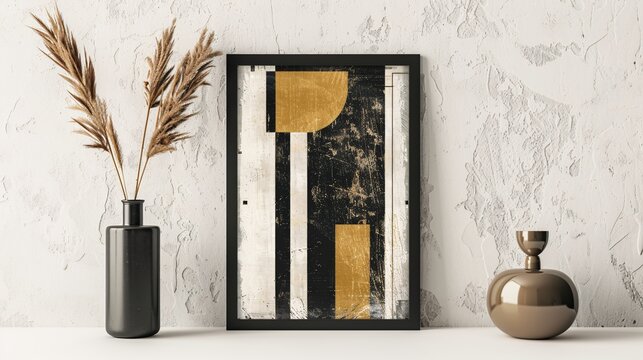 Minimalist wall art display with black wooden frame ceramic vase and dried floral arrangement on white background  Modern contemporary interior design concept with nature inspired elements