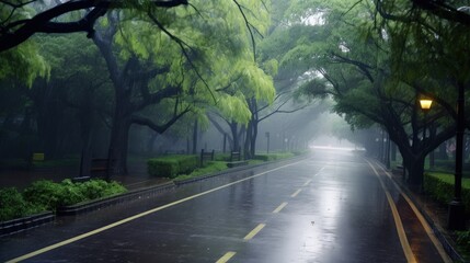 Obraz premium Rainy day on a tree-lined path.