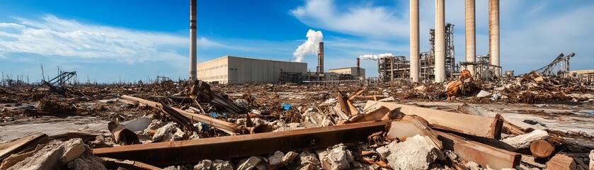 Collapsed industrial zone with hazardous materials visible, hurricane aftermath, environmental concerns