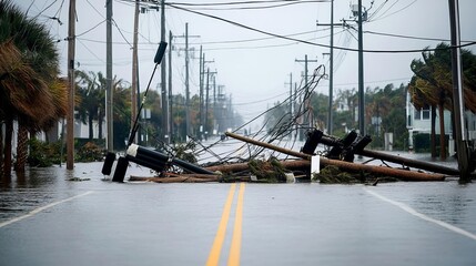 Collapsed power lines tangled among fallen trees on a flooded street, hurricane aftermath, infrastructure breakdown