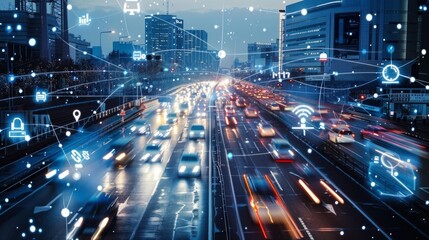 Fototapeta premium Urban night scene with tram, colorful light trails, wet city streets reflecting city lights and modern architecture