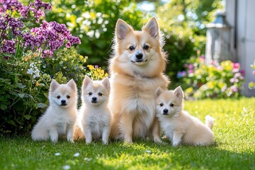 Obraz premium Playful pomeranian dogs and puppies in a colorful garden outdoor photography cheerful setting