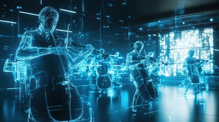Fototapeta premium Virtual orchestra with transparent instruments, futuristic, blue tones, glowing effects