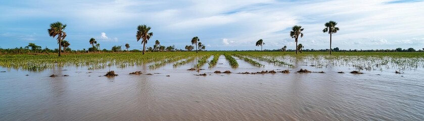 Destroyed farmland with crops submerged in floodwater, hurricane aftermath, agricultural loss