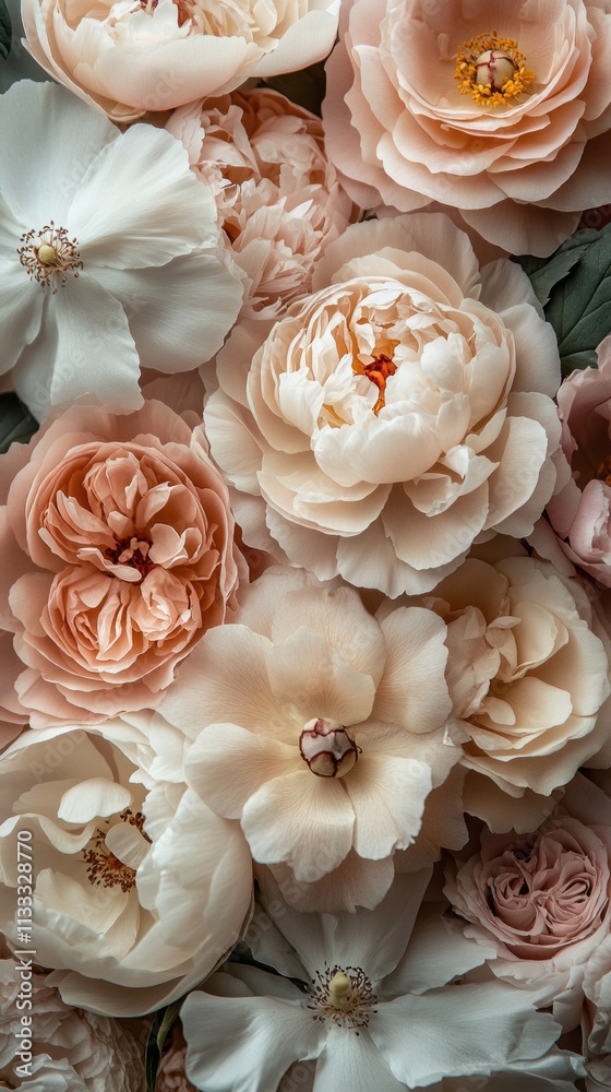 Poster an exquisite array of peonies and other blooming flowers comes together in harmonizing colors, creat