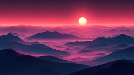 Fototapeta premium A serene sunset over misty mountains, creating a tranquil and dreamy atmosphere.