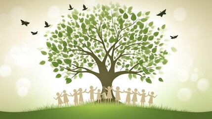 Green Tree Unity Silhouetted Figures and Butterflies, Nature, Community, Vector Illustration Nature, Unity
