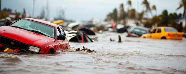 Flooded city streets with overturned cars and floating debris, hurricane aftermath, urban chaos