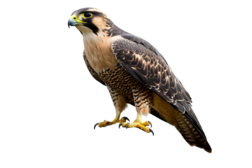 Majestic Falcon Resting on a Tree Limb Surrounded by Lush Greenery with a Focused Gaze with isolated on transparent background