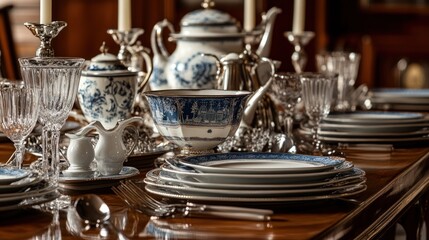 Elegant porcelain tableware, silver, and glassware on table.